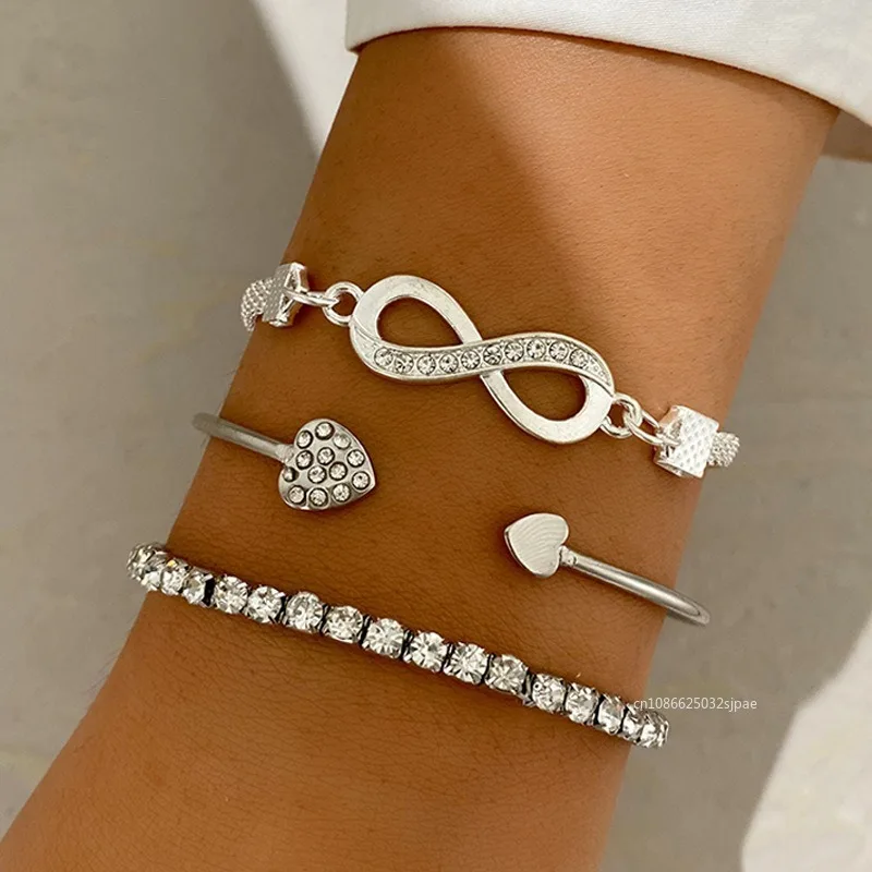 3PCS/Set Love Opening Drill Bracelet for Women Simple Crystal Zircon Lucky 8 Bracelet Fashion Thick Punk Chain Jewelry Gifts