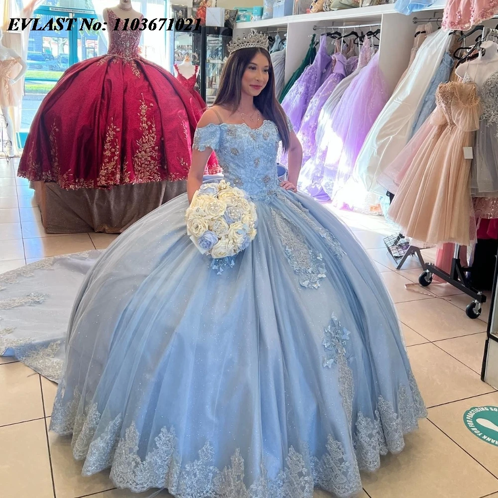 

EVLAST Sparkly Blue Quinnceanera Dress Ball Gown Lace Applique Beaded Big Train Mexico Corset Sweet 16 Vestidos De 15 Anos SQ649