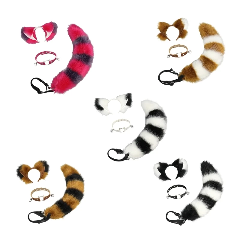 Cats Ears Hairband Plush Foxes Tail Choker Collar for Christmas Carnival Tail Halloween Cosplay Accessories