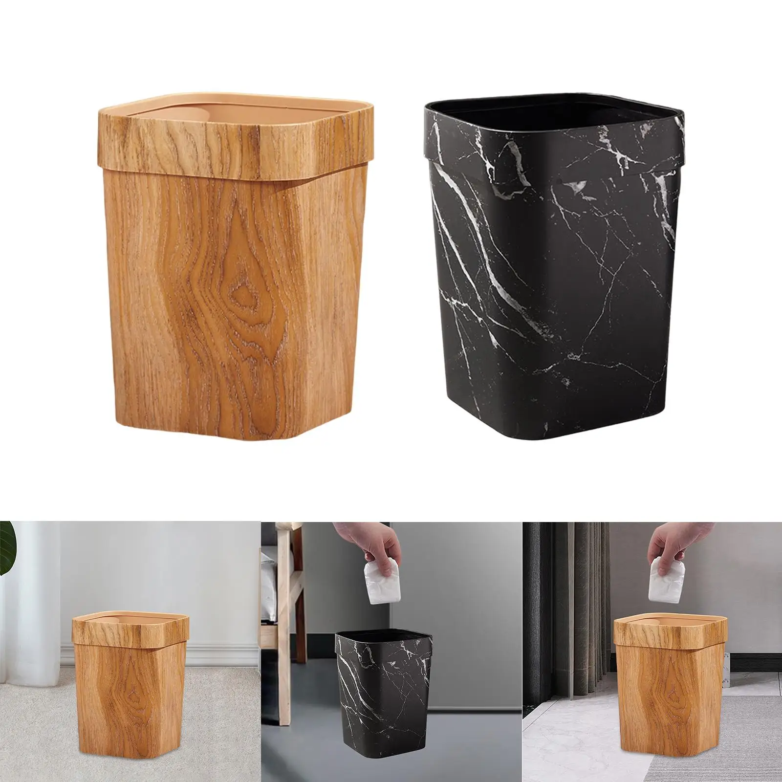 Rectangle Wood Grain Trash Can Anti Skid Garbage Basket for Indoor Room Dorm