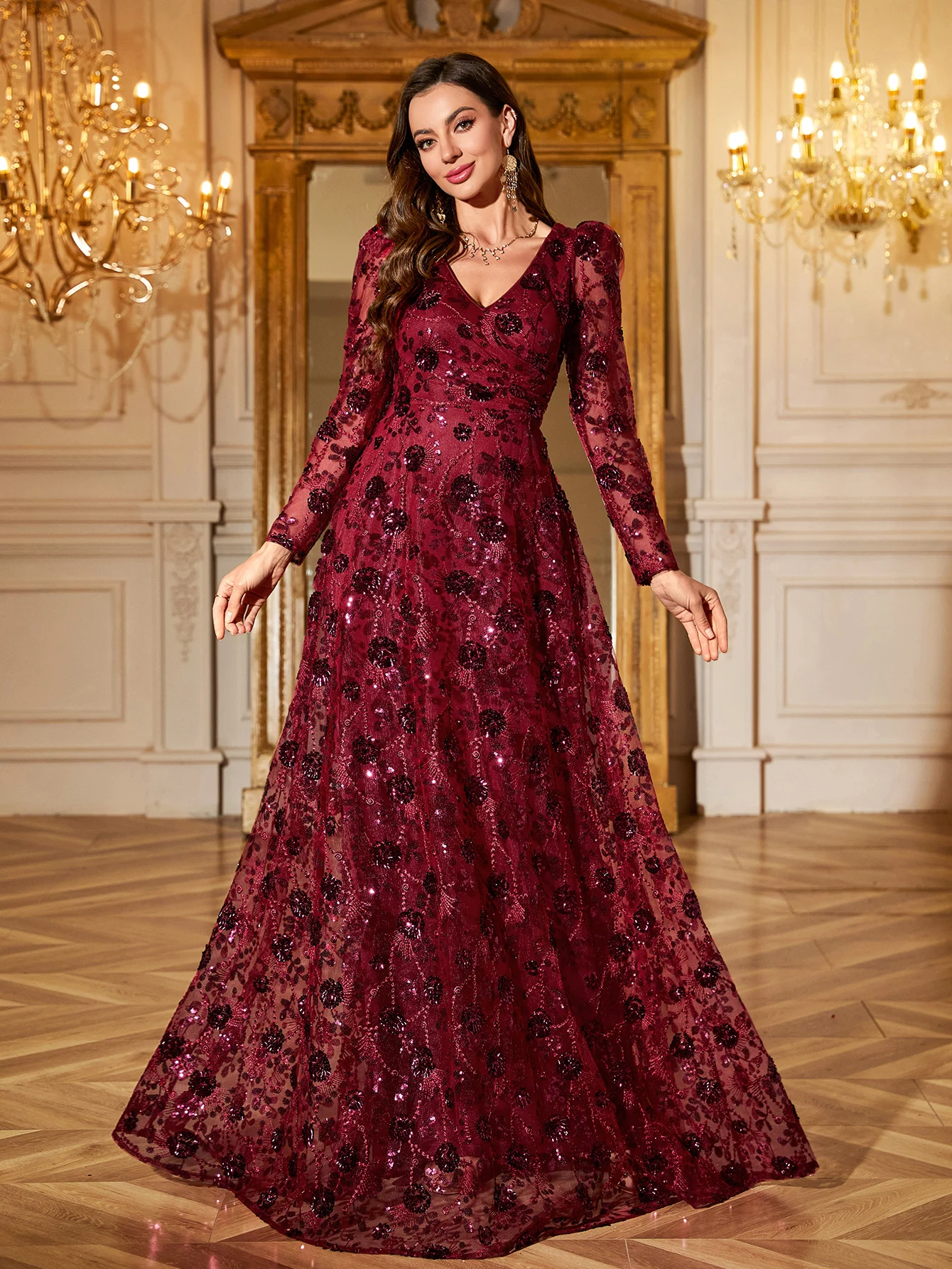 فستان سهرة نسائي من UNITHORSE برقبة على شكل حرف V وأكمام طويلة ومزين بالترتر