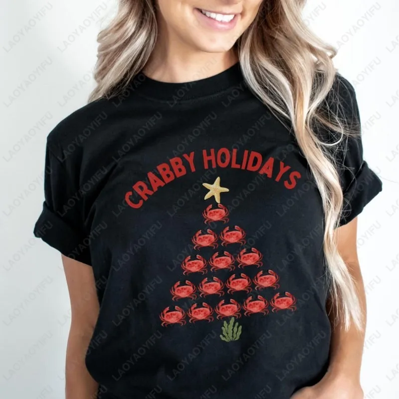 مضحك عيد الميلاد شجرة السلطعون الرجال النساء القطن التي شيرت المحيط الحياة عيد الميلاد الجمالية الشاطئ تيز العطلات البحرية عالم الأحياء عيد الميلاد القمم #1