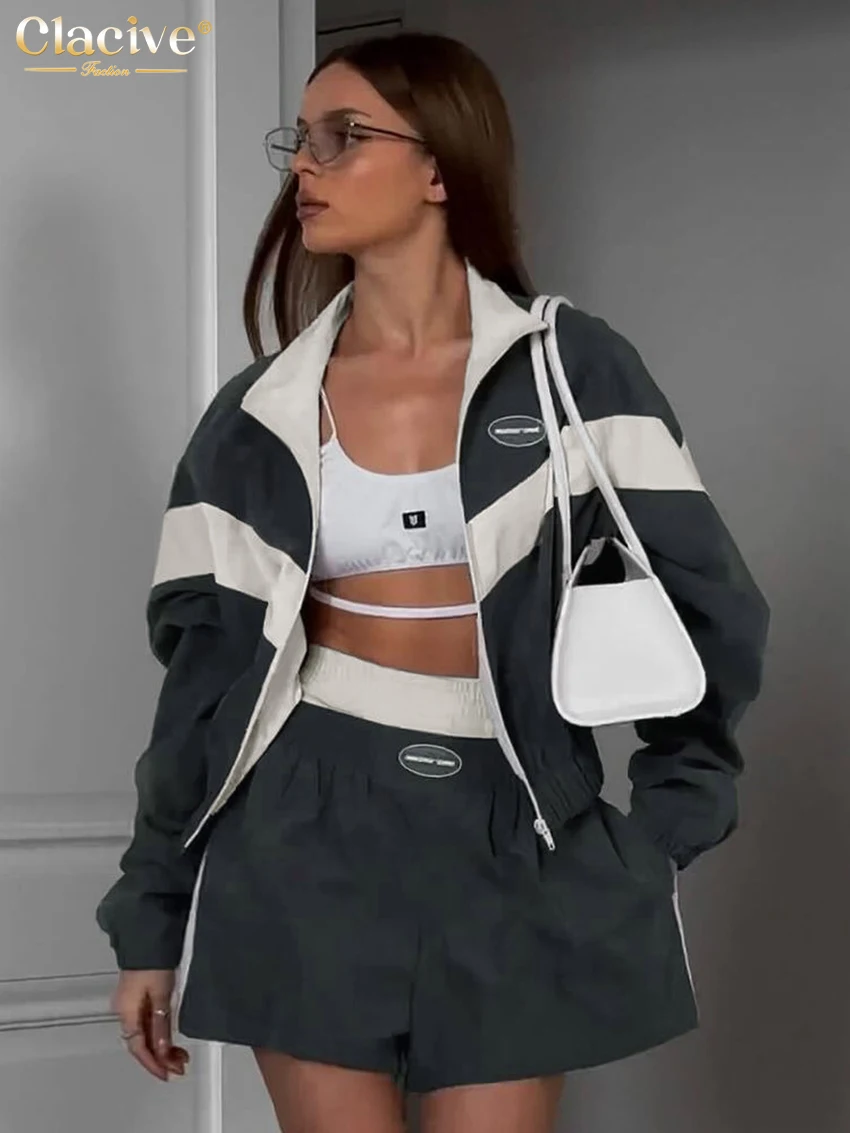 

Clacive Fashion Loose Gray Patchwork Shorts Set 2 Piece Woman Autumn Short Sleeve Shirt With High Waist Shorts Set Female Clothe