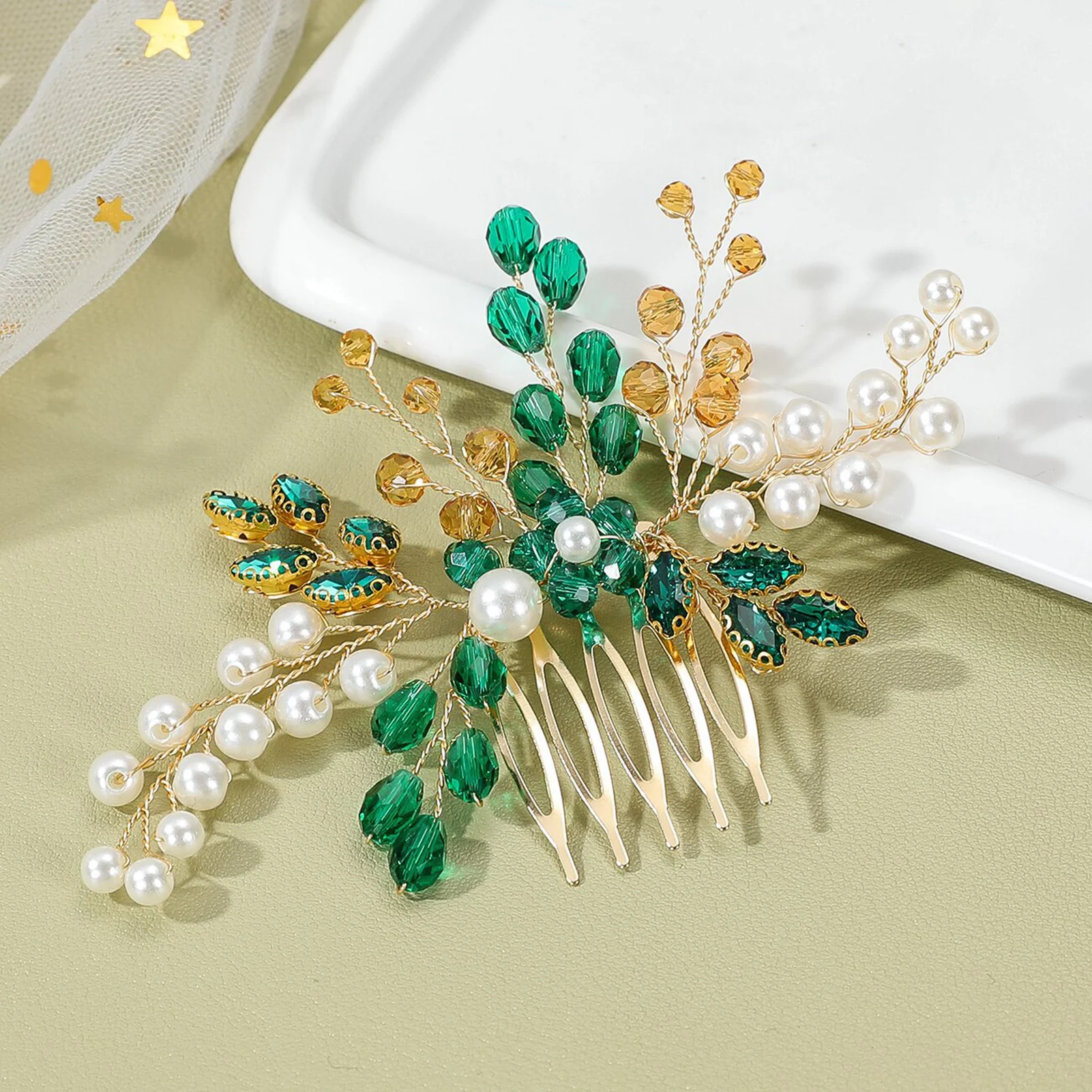 مشط شعر مضفر باللؤلؤ دبوس شعر على شكل كمثرى أخضر مع أوراق ذهبية لحفلات الزفاف وإكسسوارات شعر لحفلات الزفاف والتيجان العصرية