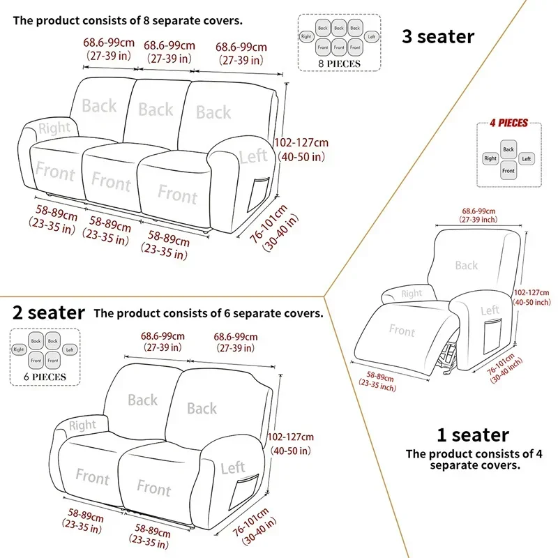 1/2/3 Seater Split Recliner Sofa Covers Jacquard Strench Chair Cover with Side Pocket Removable Armchair Slipcover for Home