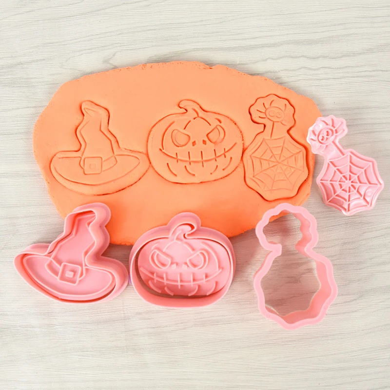 

3D Plastic Cookie Cutter Witch Hat Pumpkin Stamps Halloween Ghost Bat Pressable Biscuit Mold Kitchen Baking Pastry Bakeware Tool