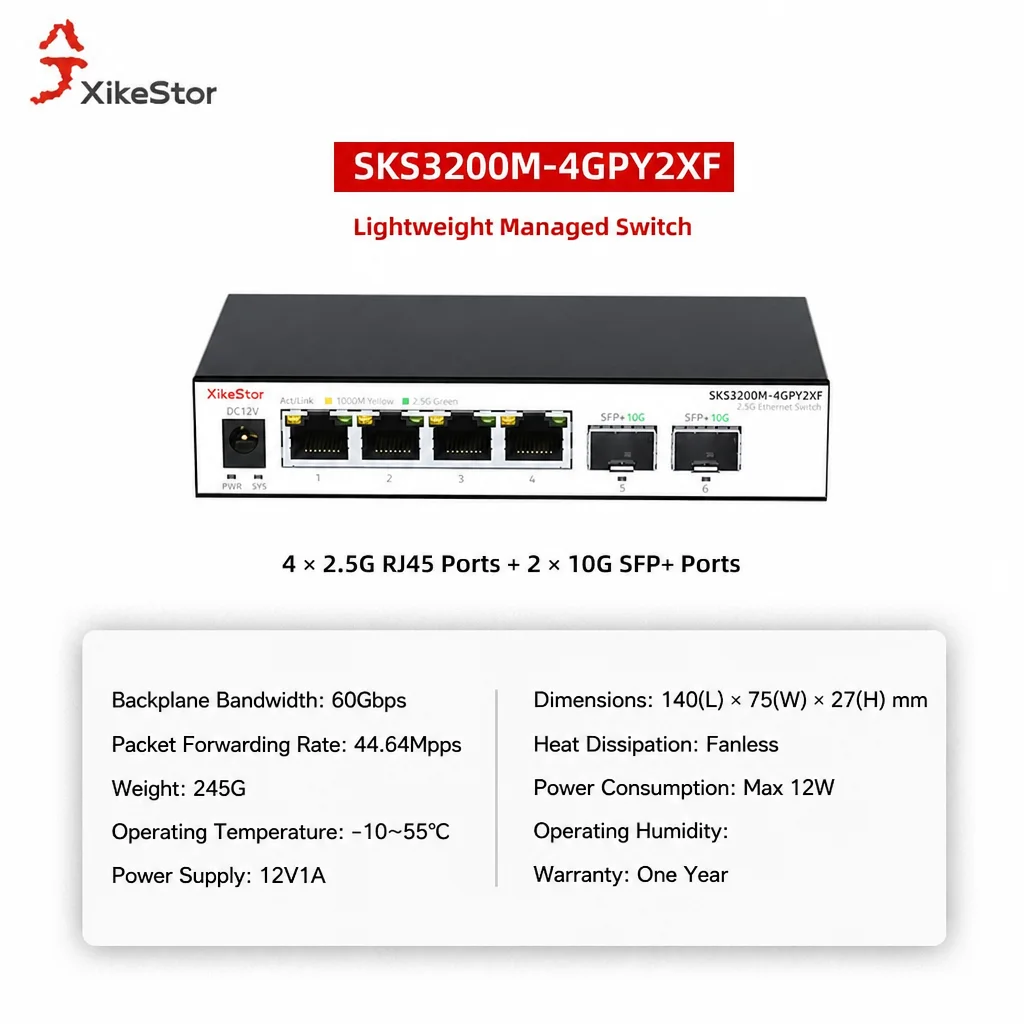 Xike 4-Port 2.5G 2-Port 10G SFP+Managed Switch, Web Interface VLAN Link Aggregation Support 2.5G& 10G SFP Fiber for Home Network