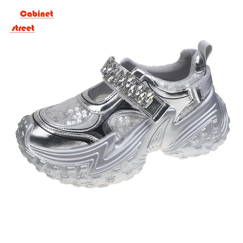 

Silver Daddy Shoes Women 2024 Summer New Diamond-sequin Thick Platform Muffin Tire Durian Bottom Mary Jane Sneakers Sandals