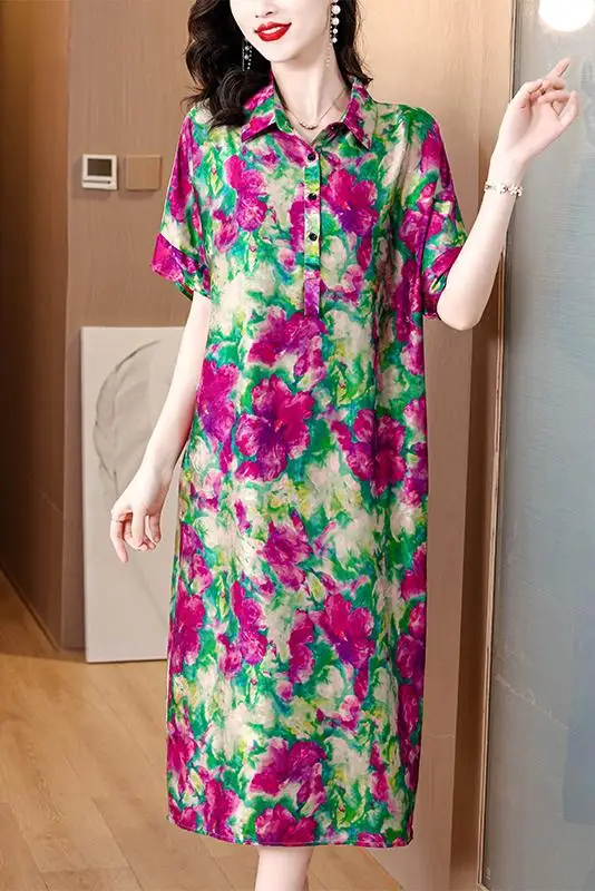 Boho Bloemenzijde Elegante Casual Damesjurk Zomer Korte Mouw Polokraag Kantoor Damesjurk 2024 Koreaanse Vintage Feestjurk