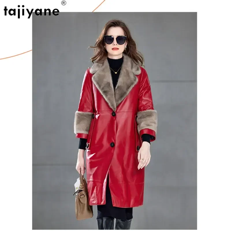 Tajiyane Luxury Coats for Womens Winter 2023 Real Sheepskin Leather Down Jacket Women Down Coats Leather Jackets Mink Fur Collar