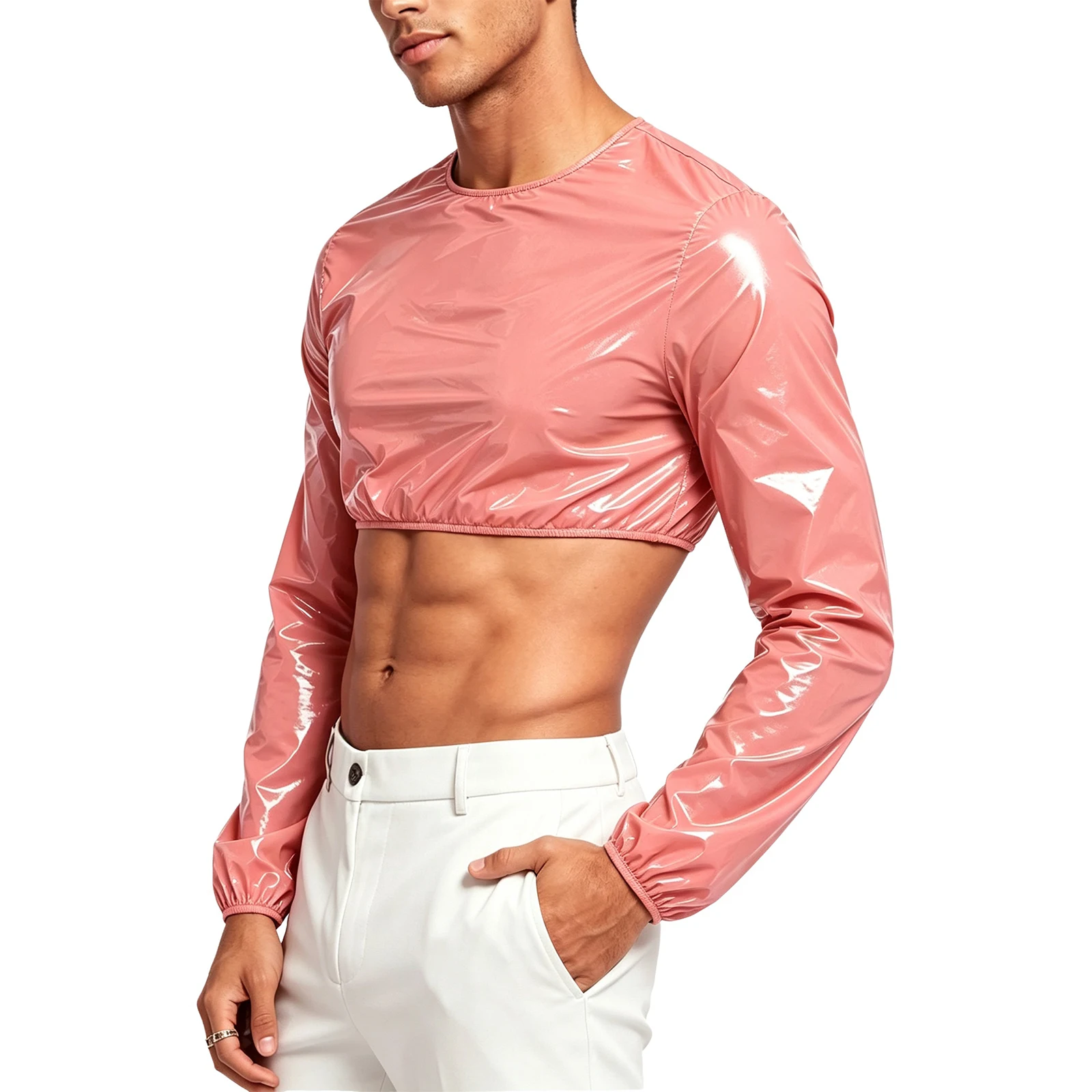 Mens Waterproof Glossy Crop Top Crew Neck Long Sleeve Back Zipper T-shirt Crop Sweat Top for Rave Party Jazz Disco Clubwear