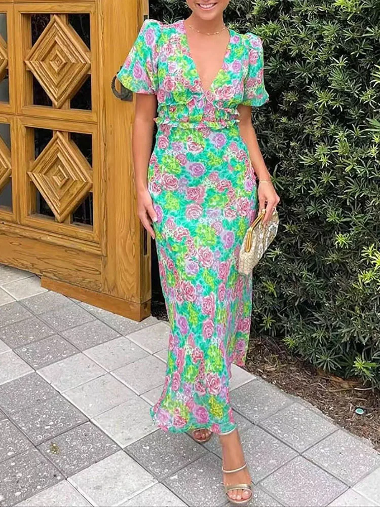 우아한 백리스 할로우 레이스 업 롱 드레스 섹시한 v 넥 하이 웨이스트 보헤미안 드레스 패션 플라워 프린트 퍼프 슬리브 파티 드레스