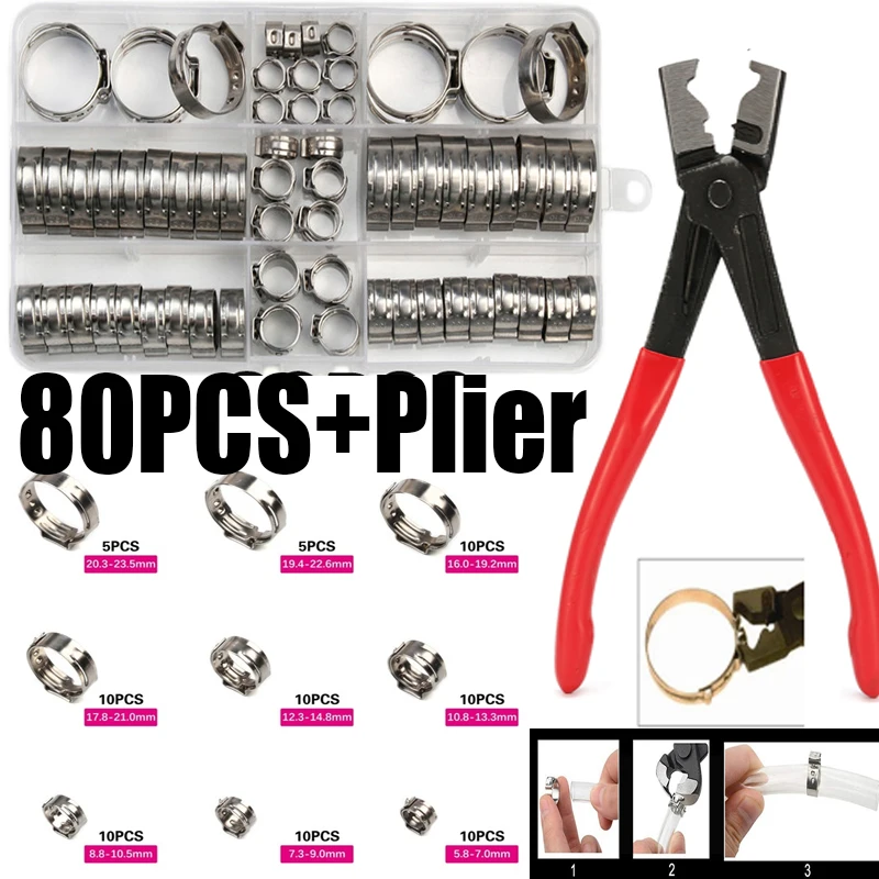 130/80/45pcs 304 Stainless Steel Hose Clamps with Pliers Set Spring Clamps Fuel Water Hose Pipe Clamps Clips Tool 5.8-23.5mm