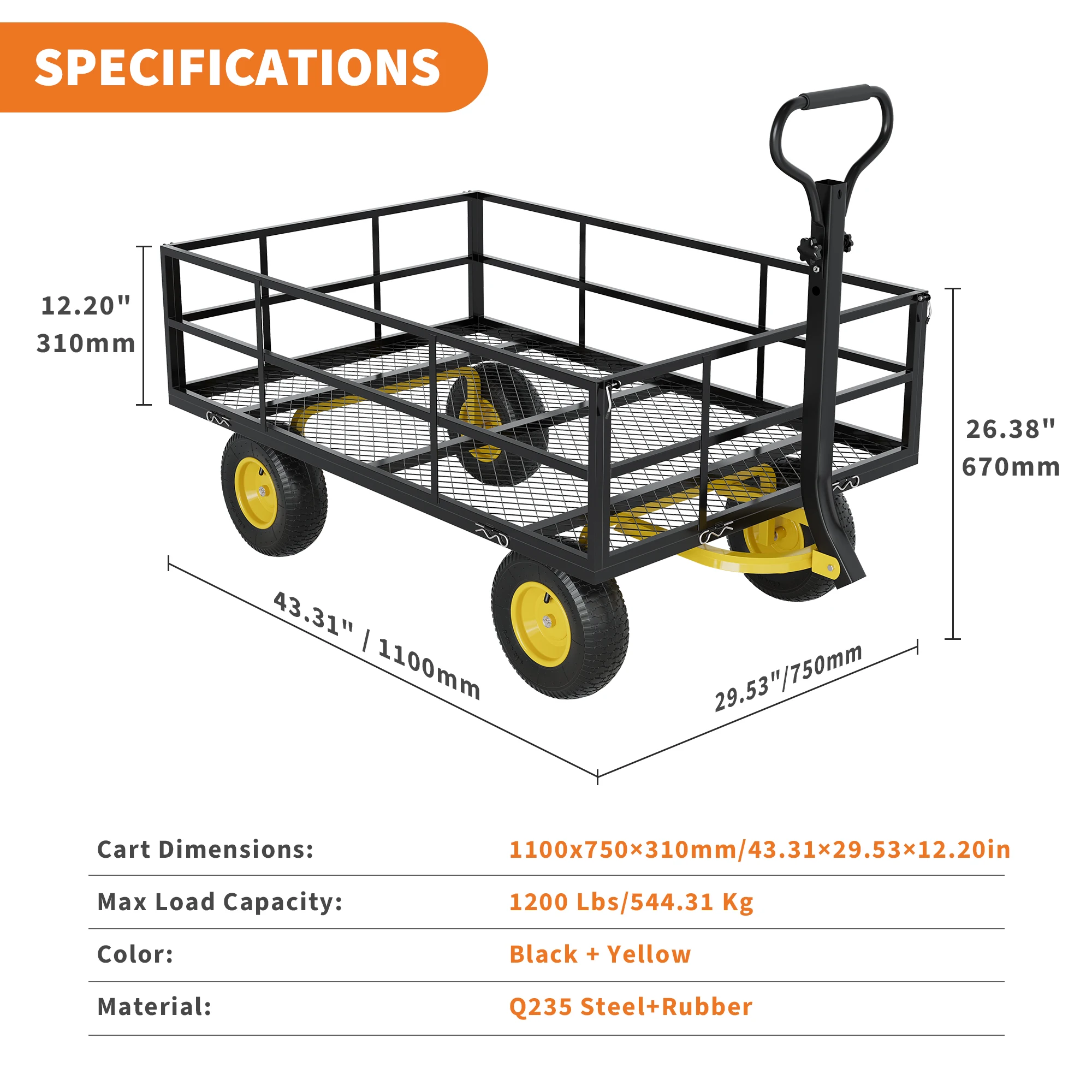 Heavy Duty Steel Garden Cart 900/1200/1400 LBS Capacity 3 in 1 Pullable Garden Wagon with 13 in Wheels for Gardening Soil, Tools, and Plant Transport