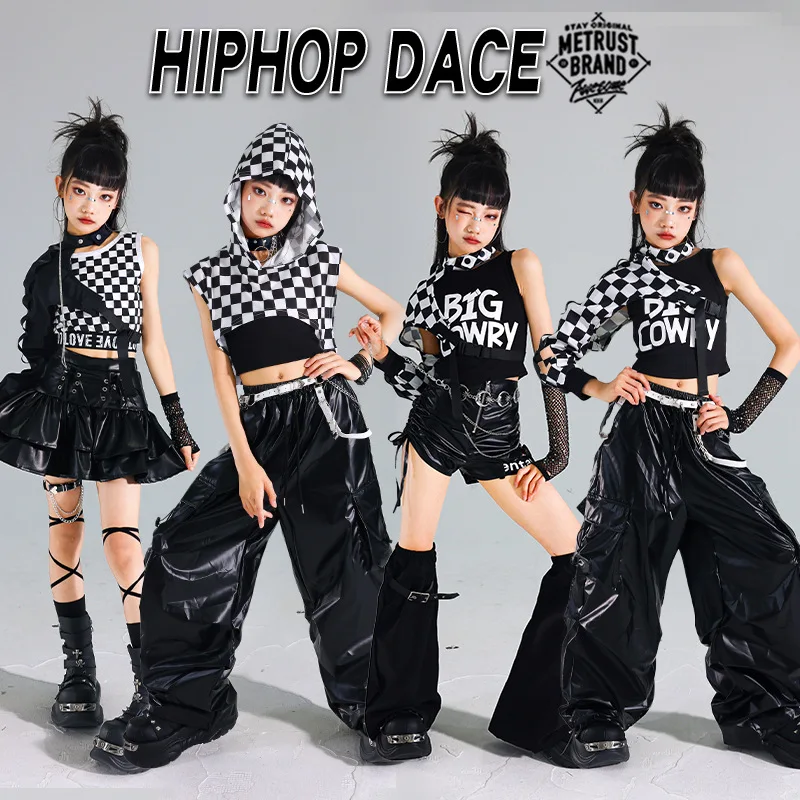 

Hip Hop Girls Crop Top Plaid Cuff Cargo Pants Children Streetwear Hoodies Shorts Clothes Set Kids K-pop Jazz Girl Group Costumes