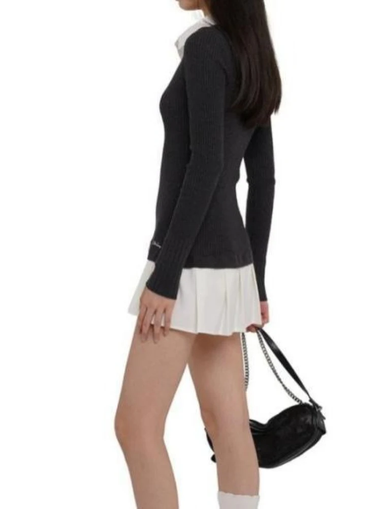 2025 ใหม่ฤดูใบไม้ร่วงปลอม 2 ชิ้นชุดเสื้อคอวีสไตล์จีบ A-Line แขนยาว Street Academic Slimming ชุดมินิ