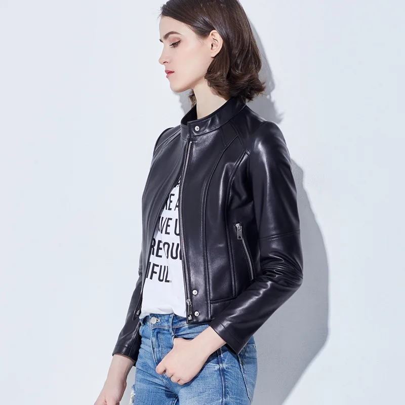 Veste de moto en cuir véritable pour femme, manteau en peau de mouton, court, mince, col montant, noir, vêtements de printemps, nouveau, 2023