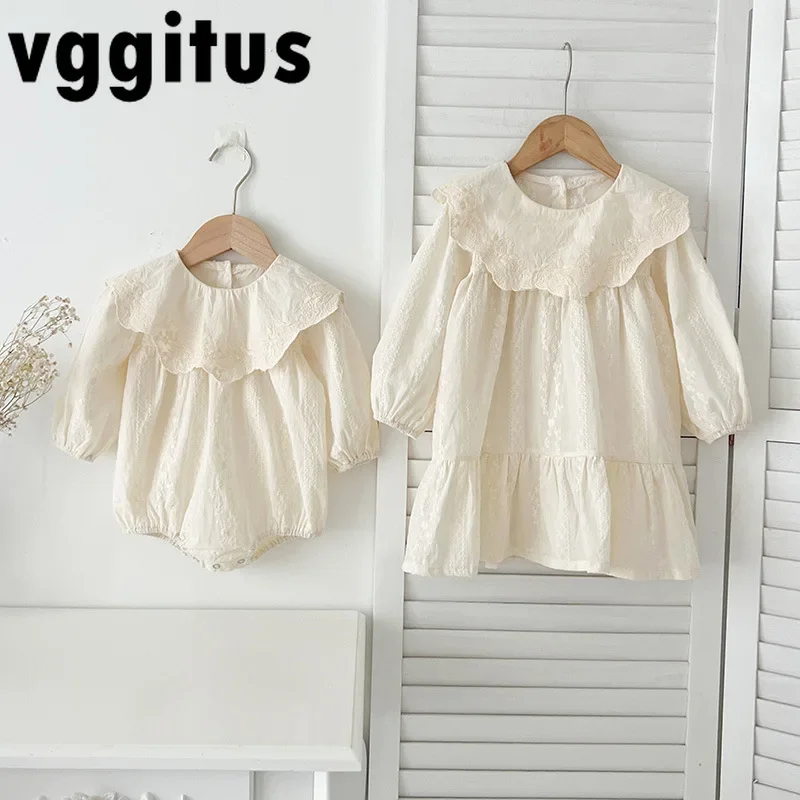 Spring Autumn Sisters Matching Outfits Solid Color Princess Dress Long Sleeves Toddler Baby Bodysuits Children Clothing H6087