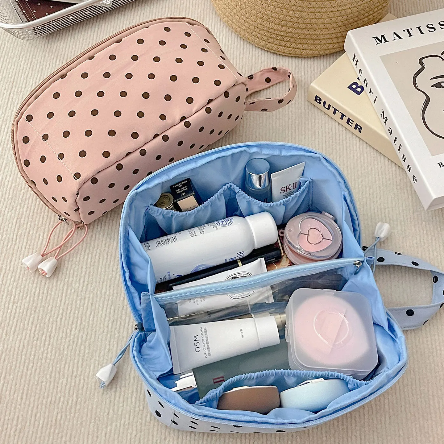 Große offene Make-up-Tasche, dreidimensionale vertikale Desktop-Reisetasche, vielseitige Wellenpunkt-Aufbewahrungstasche für Kosmetik – Detail 6