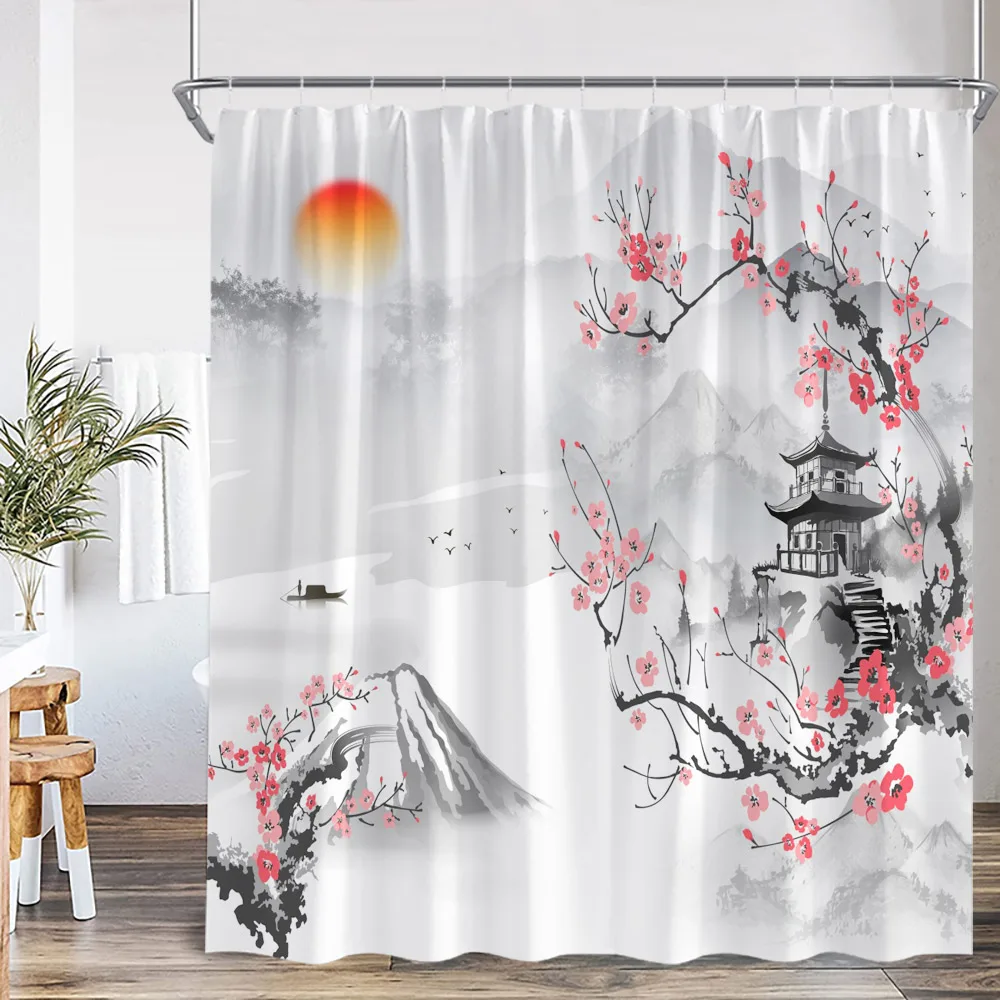 Ink Painting Shower Curtain Mountain Stream Red Blossom Flower Birds Chinese Asian Bathroom Decor Classical Bathtub Curtain