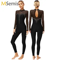 Women Sparkle Rhinestones Gymnastics Unitard Ballet Dance Bodysuit Jumpsuit Figure Ice Skating Costumes Performance Dancewear
