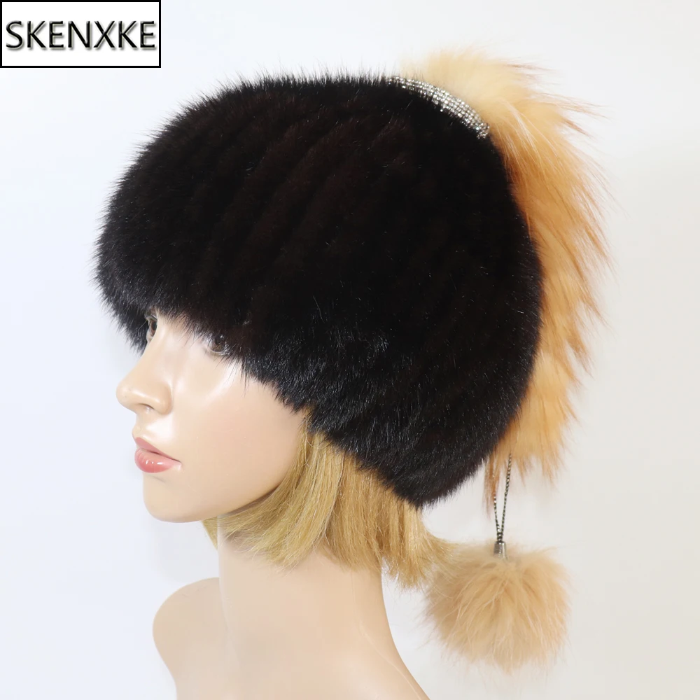 

2024 New Women Knitted Real Mink Fur Hat With Fox Tail Luxury Quality Real Mink Fur Cap Lady Winter Warm 100% Real Mink Fur Hats