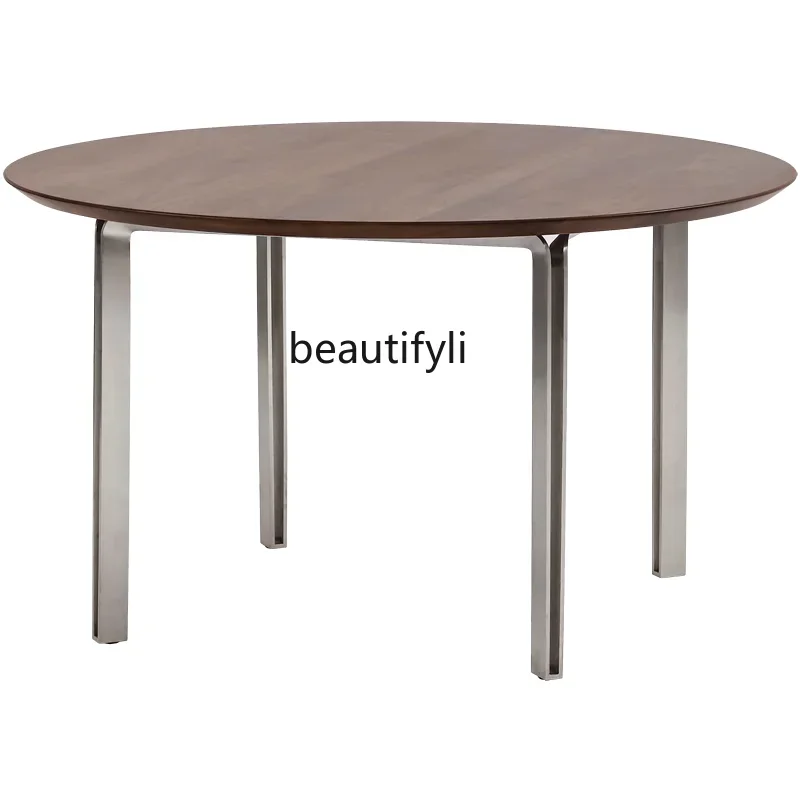 

Nordic Italian Minimalist Mid-Ancient Solid Wood North American Black Walnut Stainless Steel round Dining Table Meeting Table