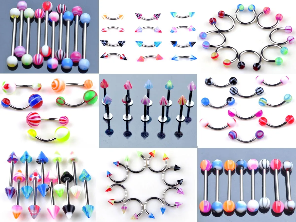 45PCS Surgical Steel Body Piercing Jewelry Lot Bulk Nose Ring Tongue Bar Lot Eyebrow Labret Piercing Set Horseshoe Ring