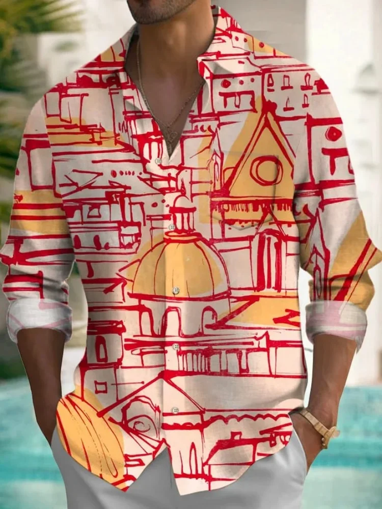 

Модный шикарный топ с воротником с лацканами и пуговицами, новинка 2025 года, праздничная повседневная туника в стиле Харадзюку, мужская повседневная курортная рубашка с итальянским принтом, винтажная