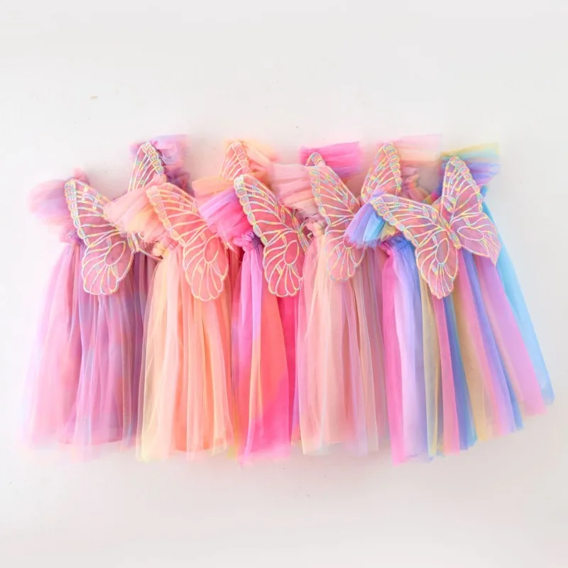 

Girls Cute Wings Rainbow Mesh Dresses Fly Sleeve Princess Birthday Dress for Kids Fluffy Fairy Party Small Dress 0-6T