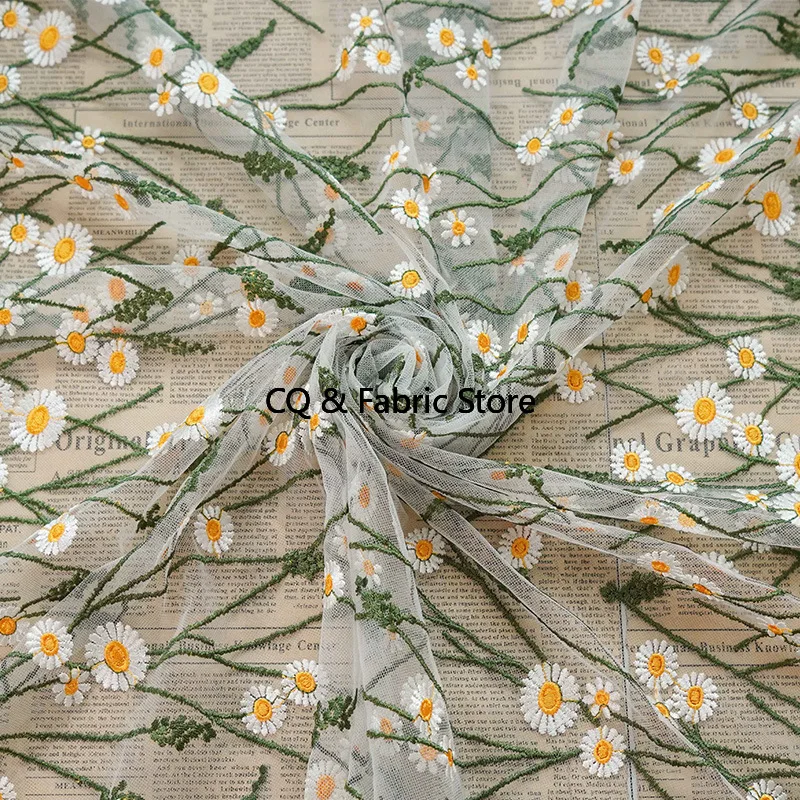 Spring/Summer Daisy Women's Dress Embroidered Mesh Fabric Fresh Dress Fabric Designer Sewing Accessories By The Meter