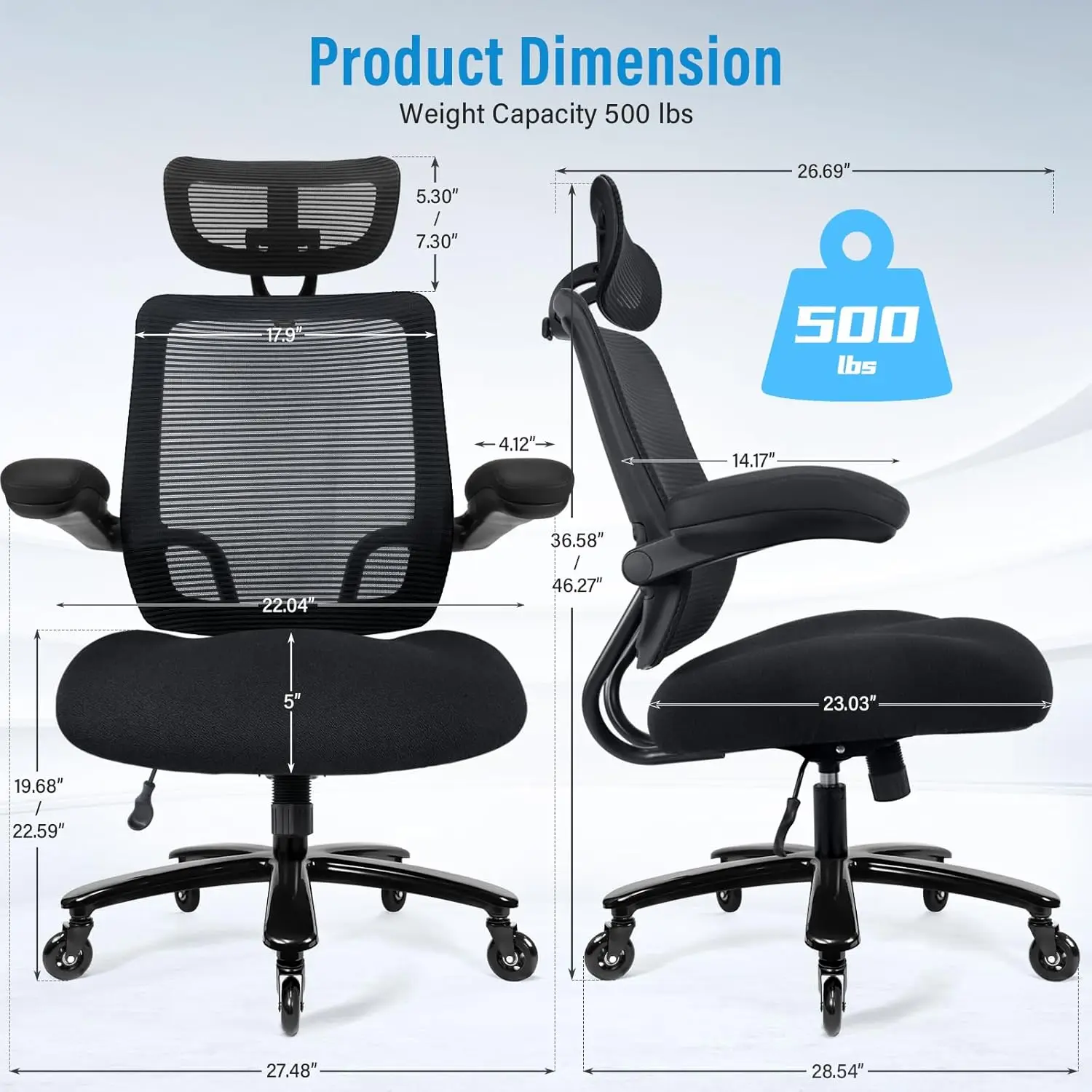 500LBS Big and Tall Office Chair with Flip-up Armrest, Executive Chair with Adjustable Headrest, 3