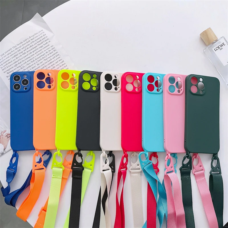 Crossbody Necklace Strap Lanyard Cord Soft Silicon Phone Case For iPhone 13 12 Mini 11 14 15 Pro Max X XR XS Max 7 8 Plus Cover