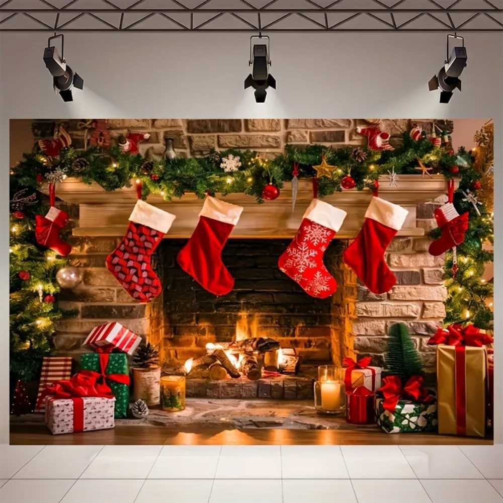 Christmas party background cloth, festive banners with trees, socks, etc.Suitable for festive decoration, photography background