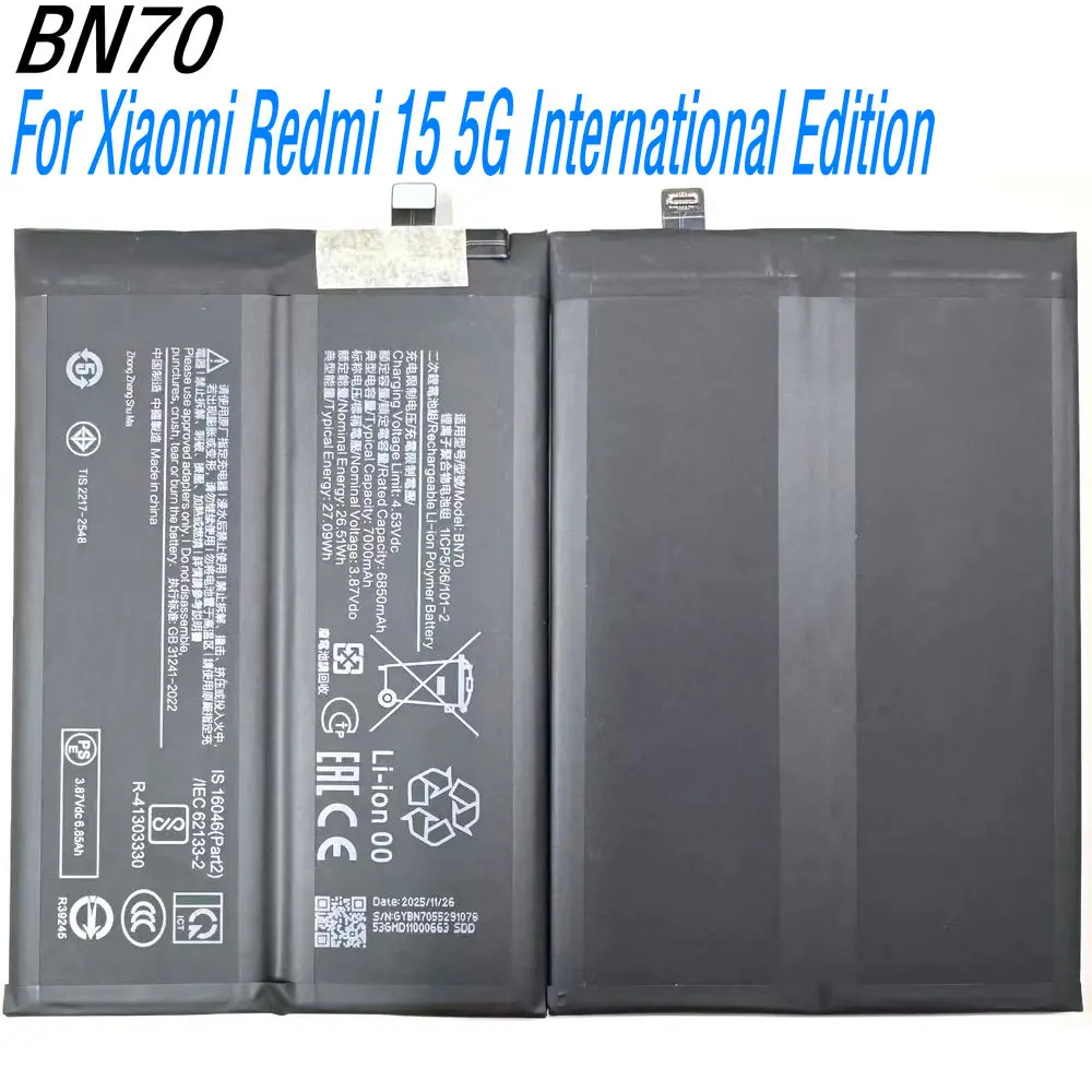 

2026 Year 3.87V 26.51Wh BN70 High-Capacity Battery For Xiaomi Redmi 15 5G International Edition Mobile Phone