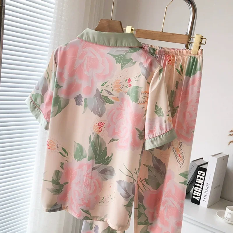 Women Pajamas Set Spring Summer 2 Piece Peony Floral Pyjama Faux Silk Satin Sleepwear Short Sleeve Pijama Mujer Pjs Homewear