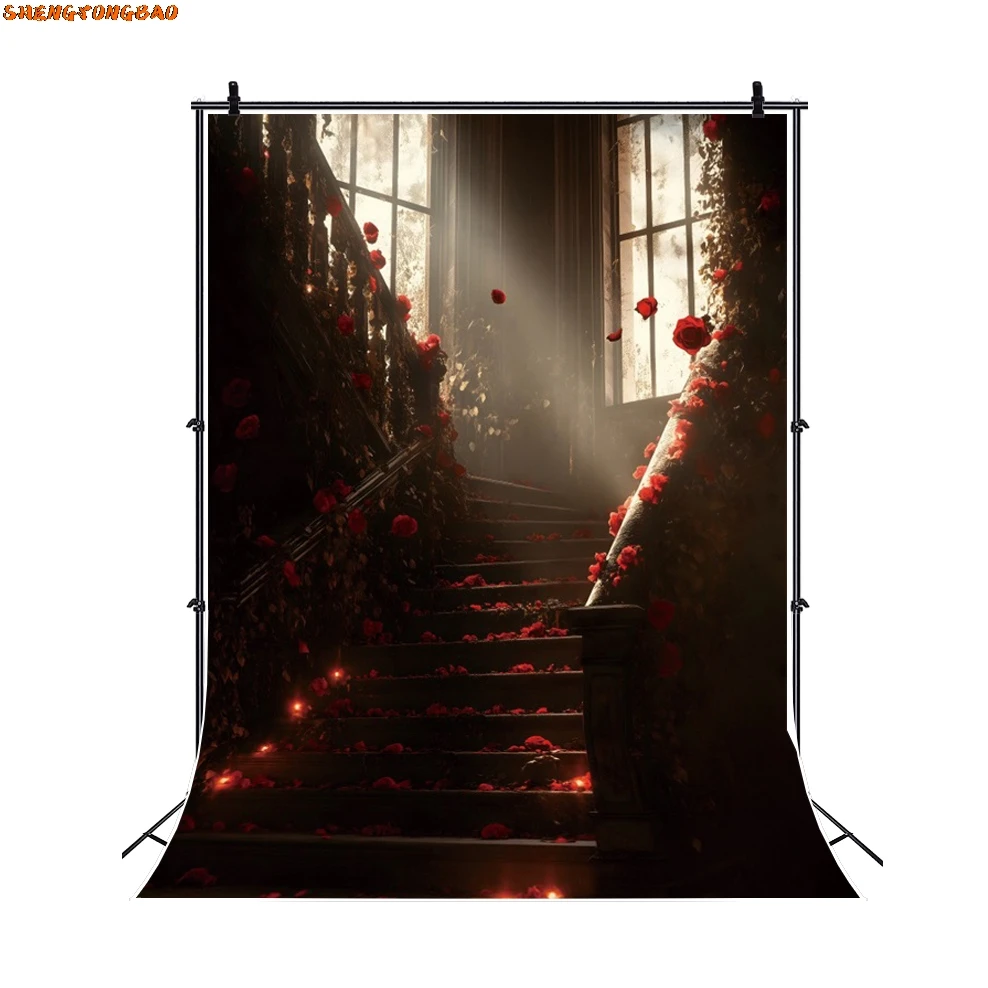 Retro ดอกไม้สีแดงการถ่ายภาพฉากหลังปราสาทโบราณเปียโนแสงแดดหน้าต่างงานแต่งงานตกแต่งคลอดบุตร Art ภาพพื้นหลัง