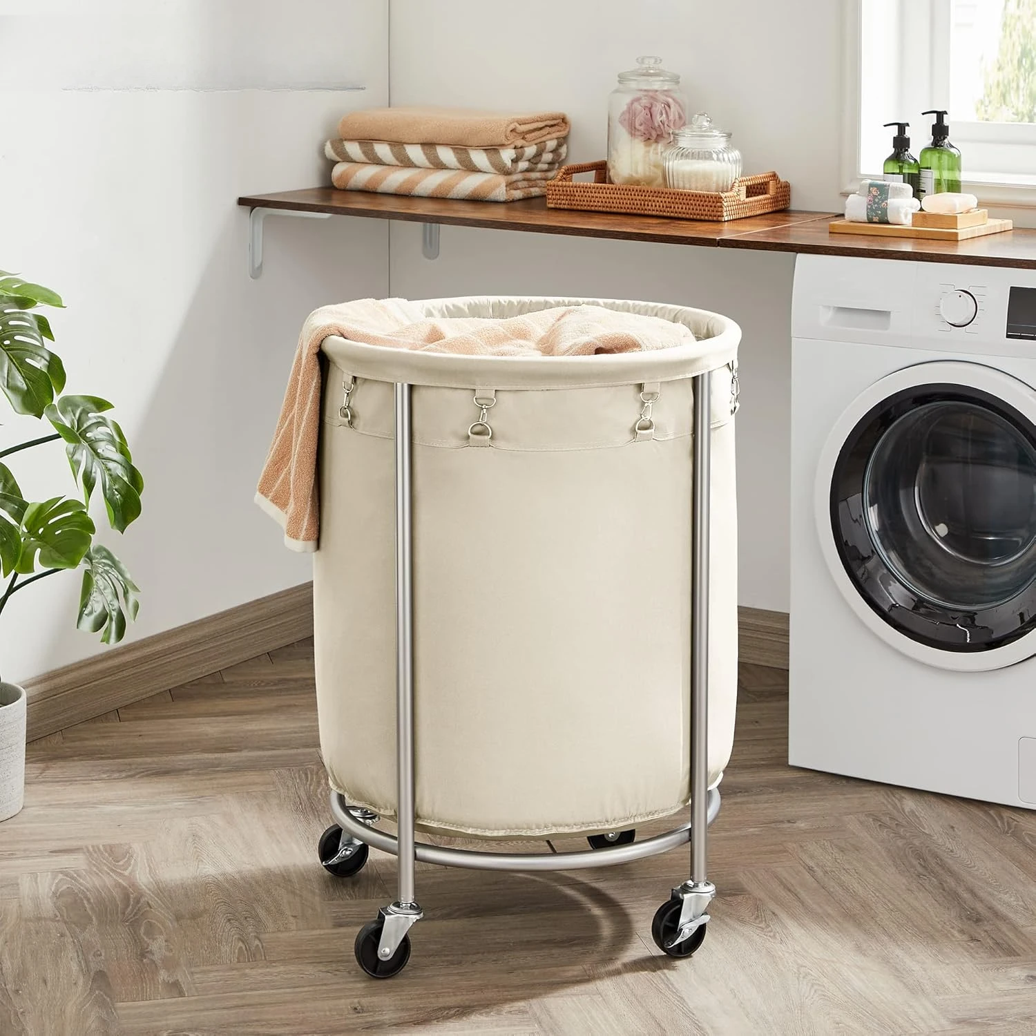 Laundry Basket with Wheels, Rolling Laundry Hamper, 45 Gal., Round Laundry Cart with Steel Frame and Removable Bag, 4 C