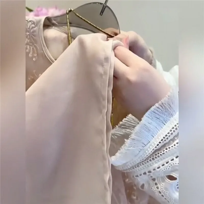 สไตล์จีนสีชมพู Organza ดอกไม้เย็บปักถักร้อยเสื้อผู้หญิง 2025 ฤดูใบไม้ผลิใหม่ดูผ่านผ้าไหมสตรีเสื้อสเวตเตอร์ถัก Outwear