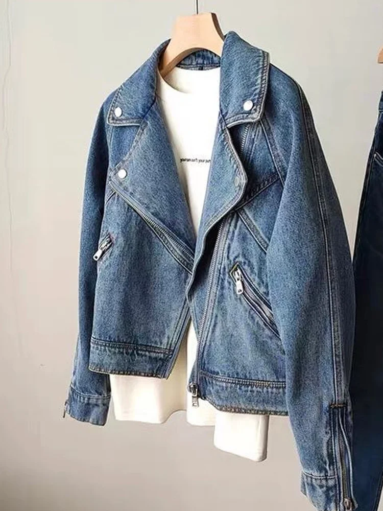 

Long Sleeved Denim Jacket for Women Motorcycle Zipper Denim Jacket Spring Autumn Female Jeans Jacket Women Outerwear
