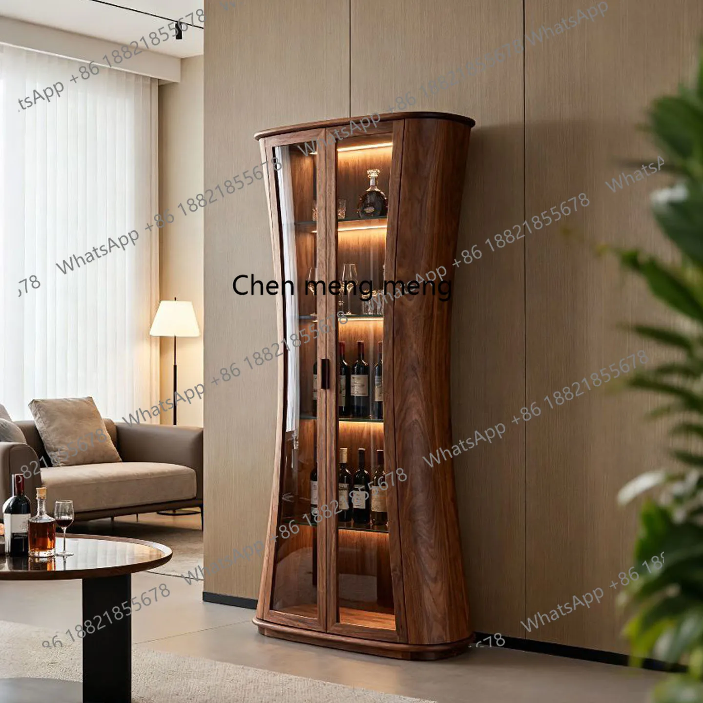 

Italian minimalist North American black walnut wine cabinet, living room, solid wood glass display cabinet