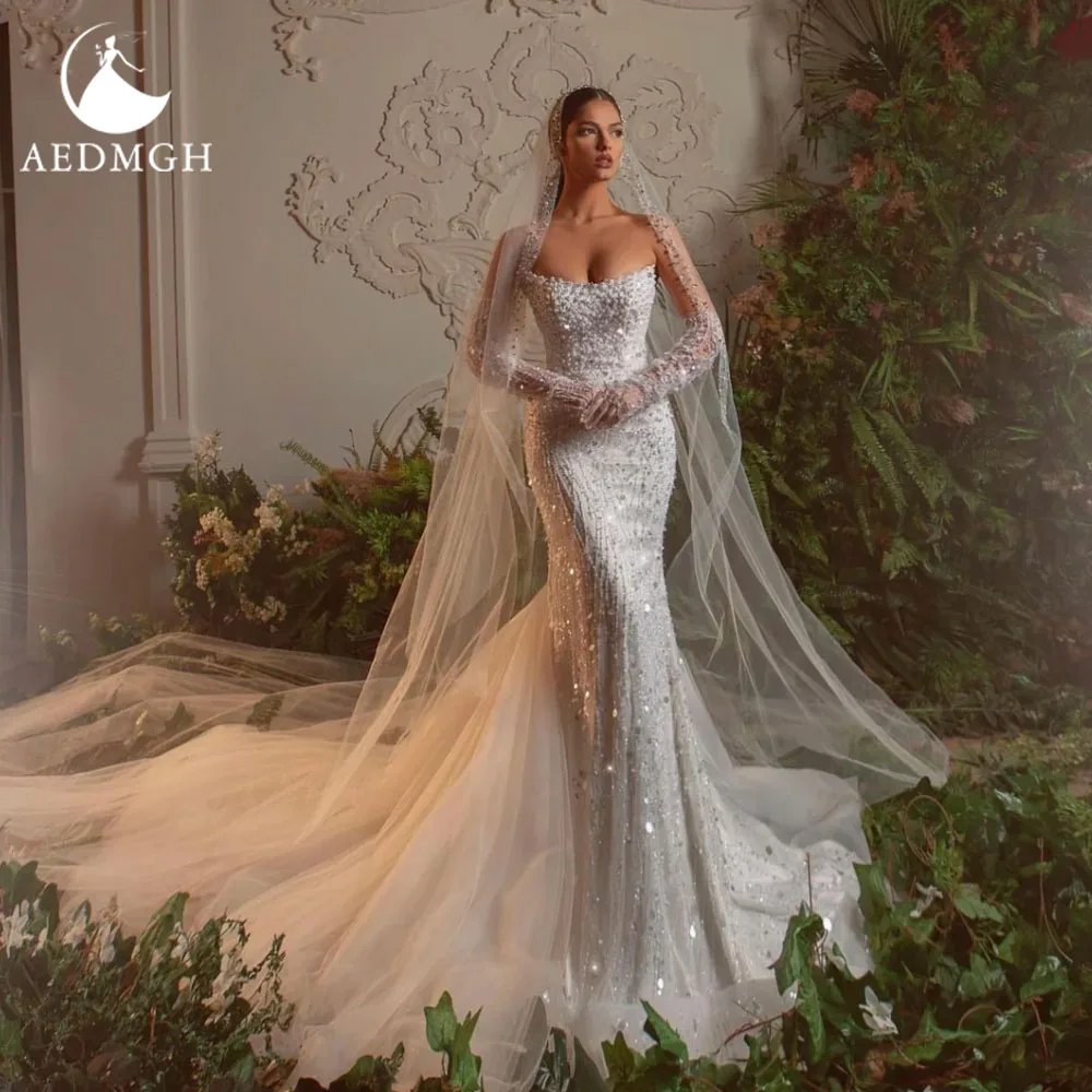 

Aedmgh Mermaid Sexy Wedding Dresses Strapless Vestido De Novia Lace Embroidery Beaded Pearls Vintage Custom Made Bridal Gown