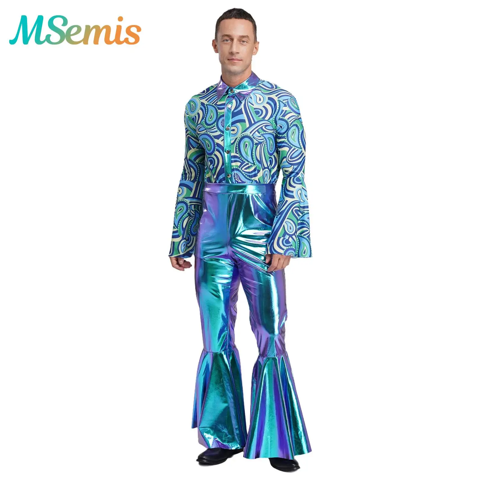 

Mens Flashy Disco Jumpsuit Jazz Hip Hop Dance Hippie Costume Printed Bodice Metallic Halloween Theme Party Bell-Bottom Bodysuit