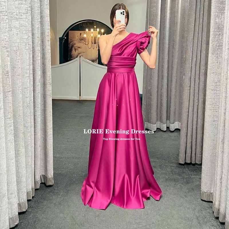 LORIE Saudi Arabic A-line Women Fuchsia Satin Evening Dresses Long Formal Gown One Shoulder Floor Length Vintage Prom Gowns 2022