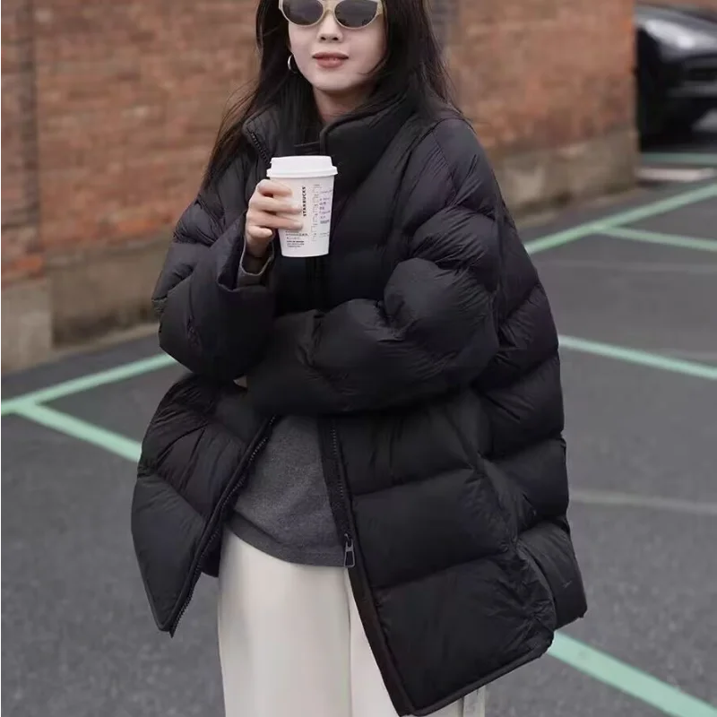 سترة نسائية شتوية متوسطة الطول مع غطاء للرأس - مقاس فضفاض، نمط شبابي، معطف طويل كاجوال كبير الحجم دافئ وعصري