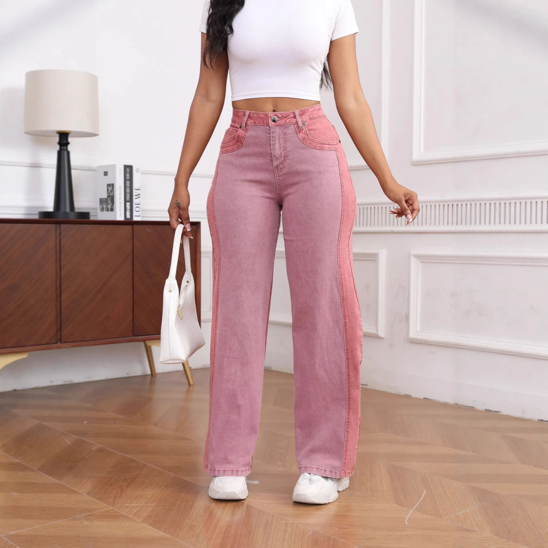 

Washed Denim Wide Leg Pants Fashionable Elastic Color Block Jeans Urban Style Commute Style Elegant Style Youthful Jeans