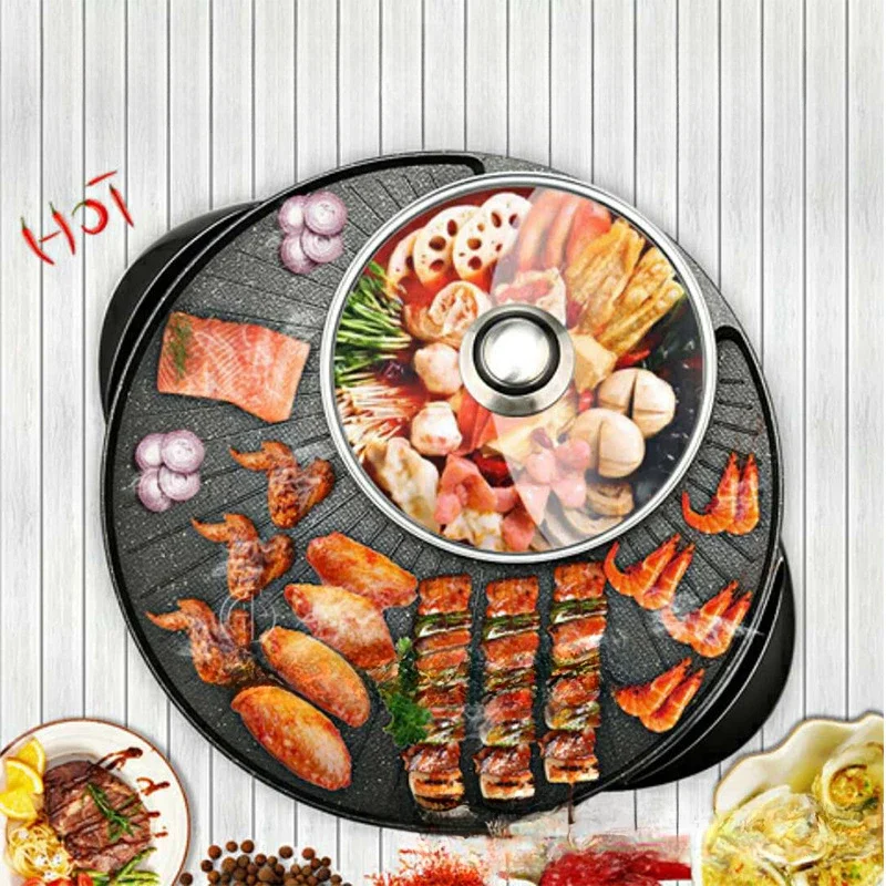 Electric Round Hot Pot Grill Barbecue Machine Torment Cooker Indoor Baking Flat Pan Table Top Bbq Multifonction Cooker