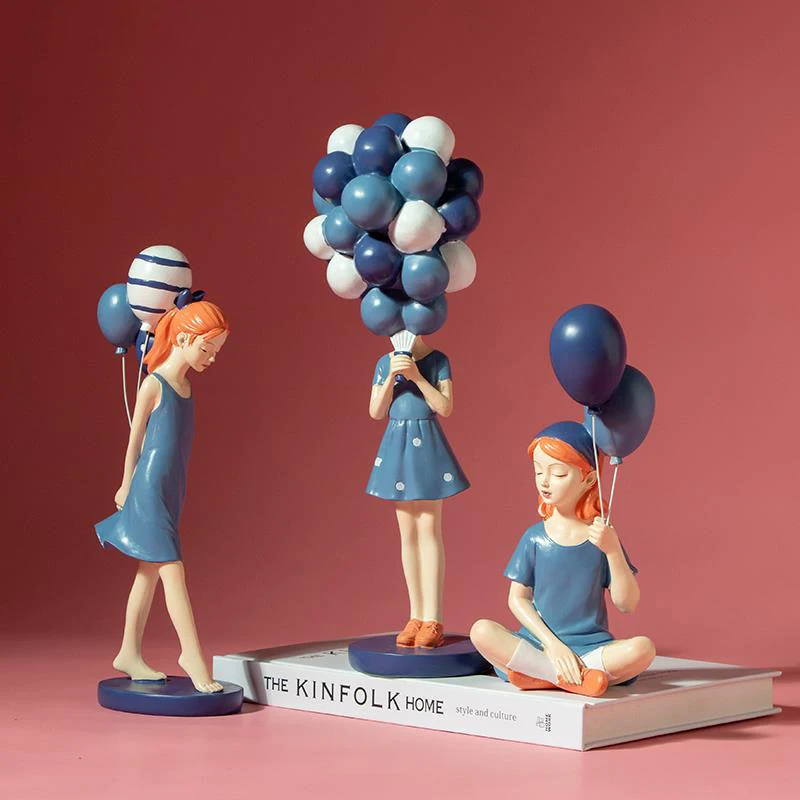 

European Resin Blue Cute Balloon Girl Sculpture Crafts Desktop Decoration Cartoon Figure Figurine Birthday Gift Home Decoration