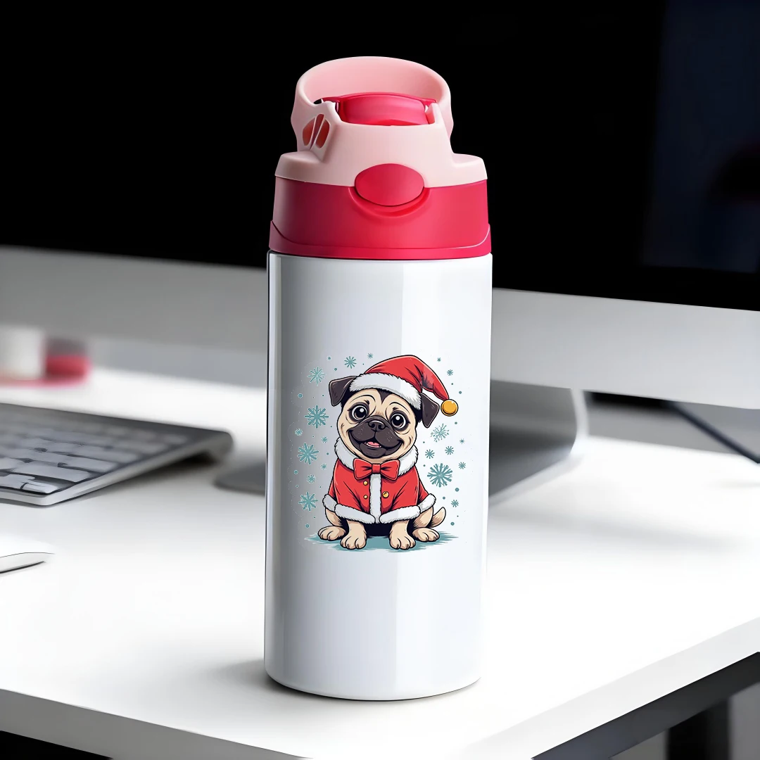 

304 stainless steel thermal cup cartoon puppy Christmasthemed straw cup kids cup Christmas gift red and white color sch