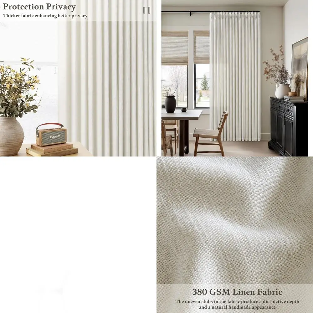 

92 Natural Cream Linen Curtains, 2-Panel Set, Semi-Sheer Light Filtering for Living Room, Boho Style, with Rings Hooks
